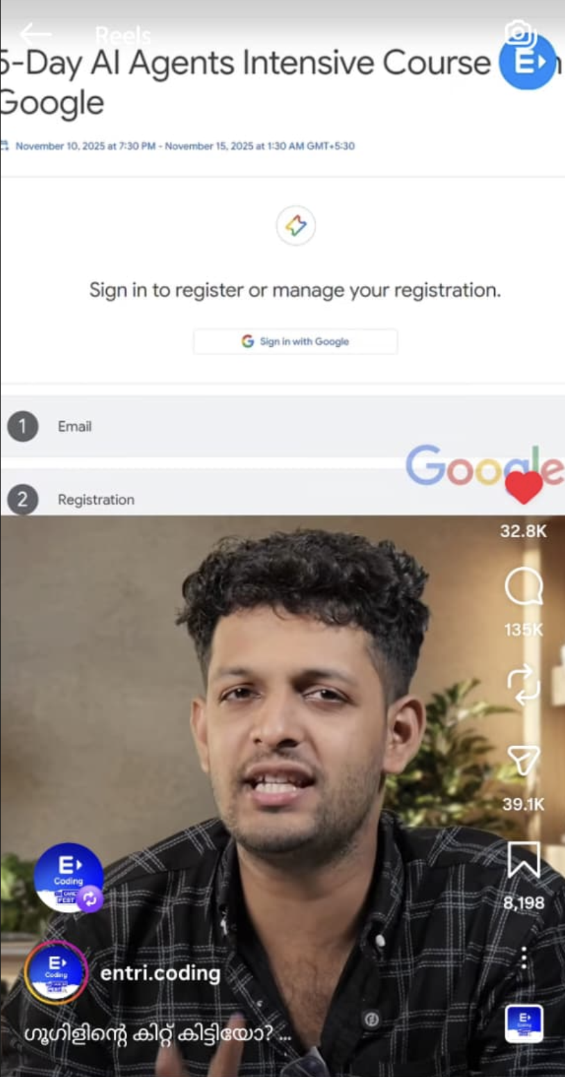 Instagram reel stats: 135K comments, 32.8K likes, 39.1K shares, 8,198 saves on entri.coding