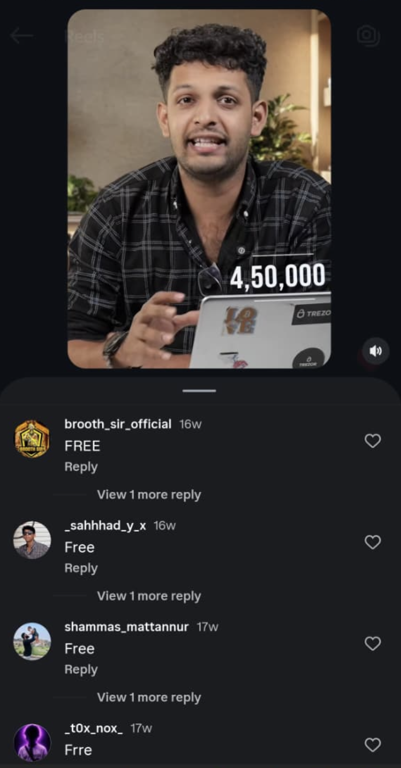 Instagram comment section showing hundreds of people typing FREE to trigger the automation