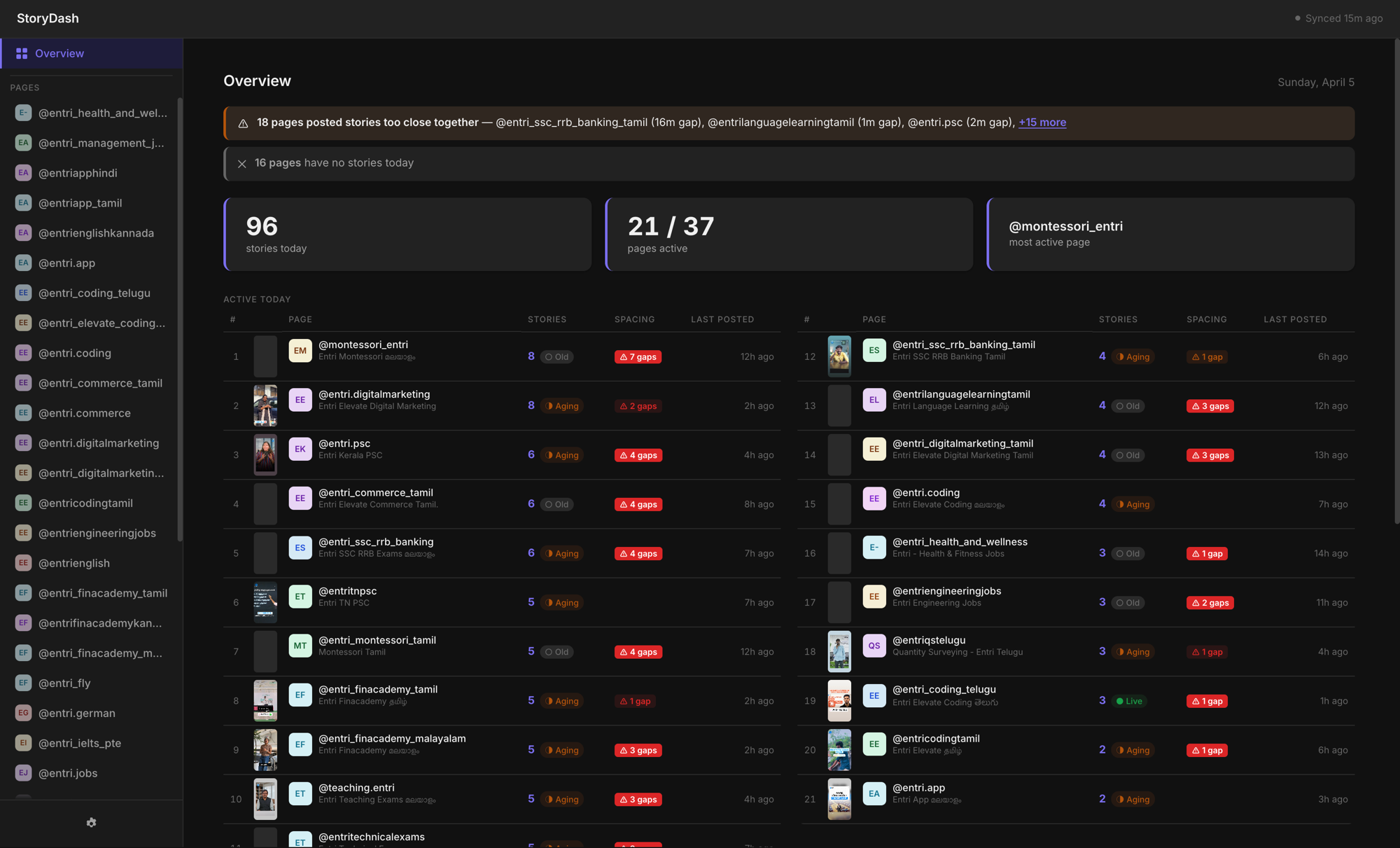 StoryDash — all pages, story counts, and status at a glance